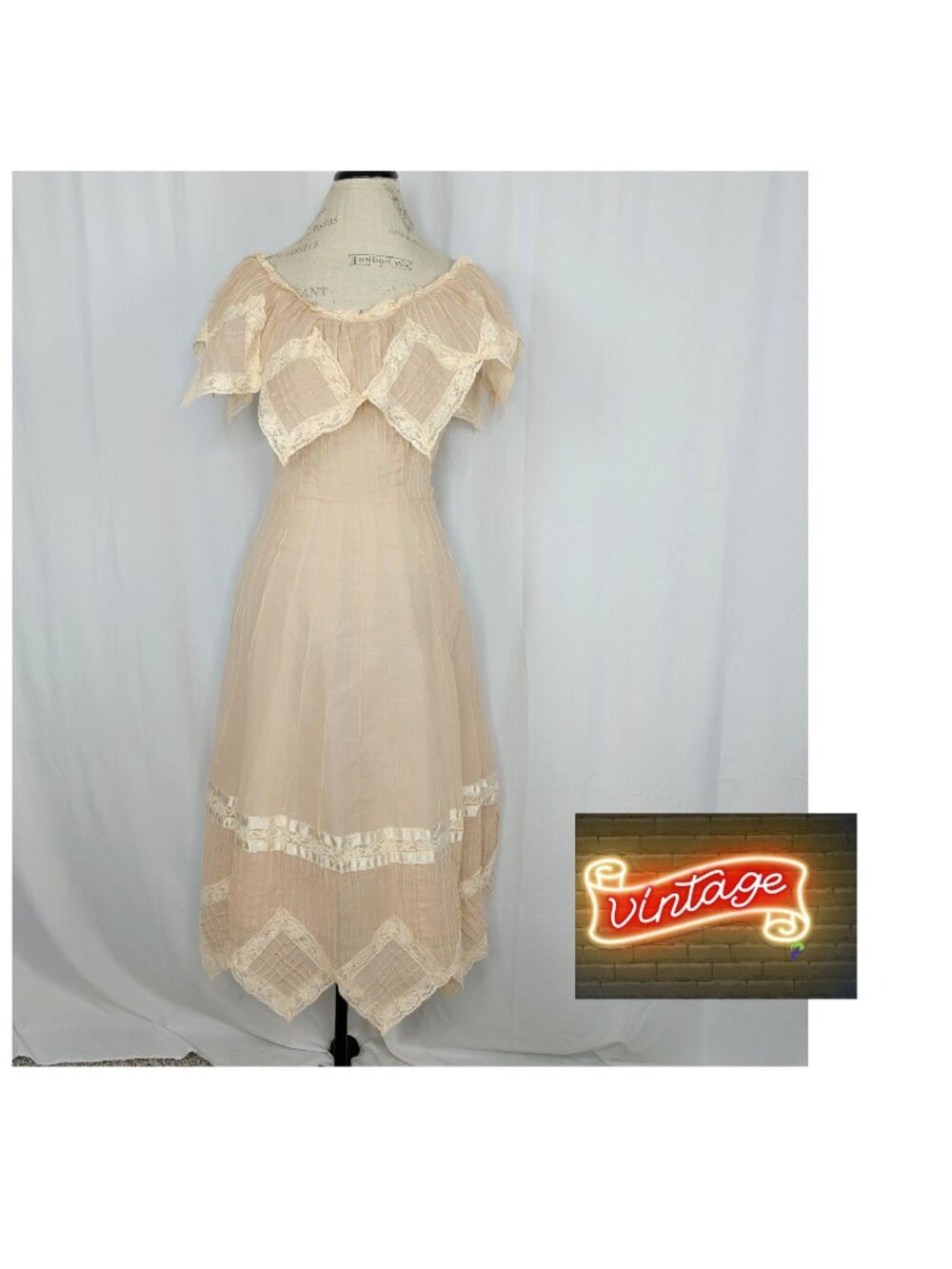 Vintage Mexican Beige Dress Small Gauze Mid Length